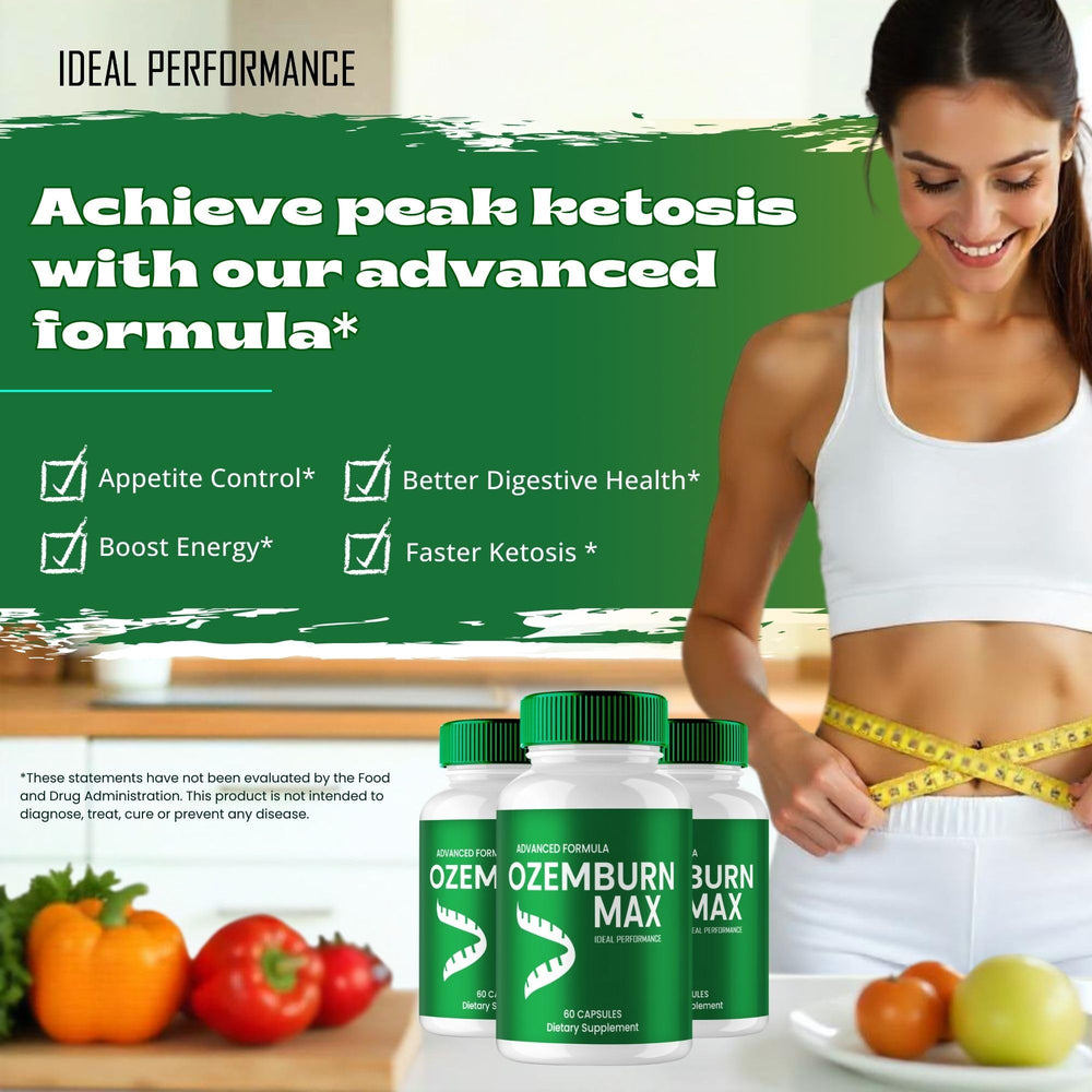 IDEAL PERFORMANCE OzemBurn Max bottle on a clean kitchen counter.