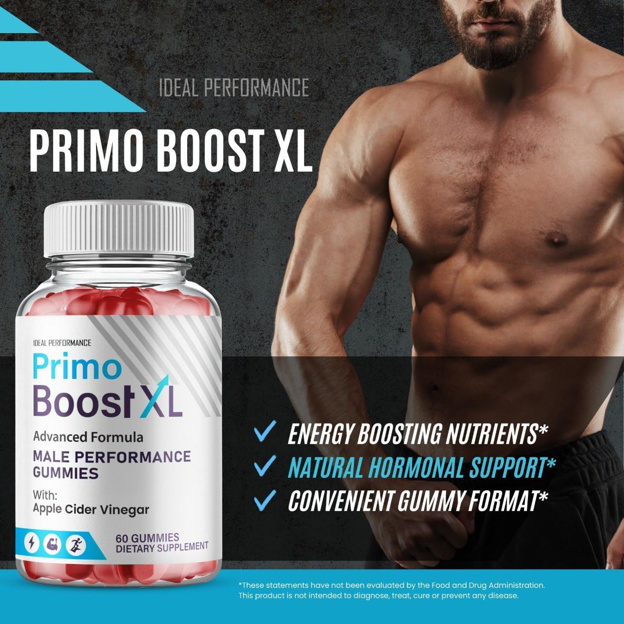 IDEAL PERFORMANCE Primo Boost XL gummies on desk imply quick wellness moments.