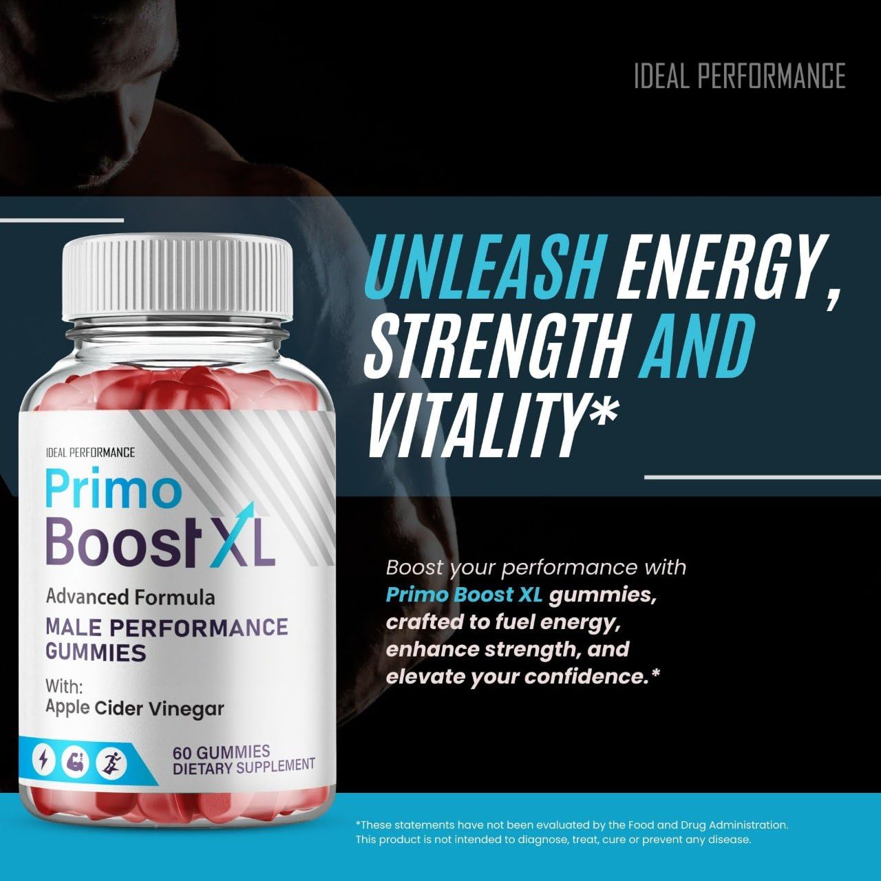 IDEAL PERFORMANCE Primo Boost XL gummies pouring into hand suggests easy daily use.