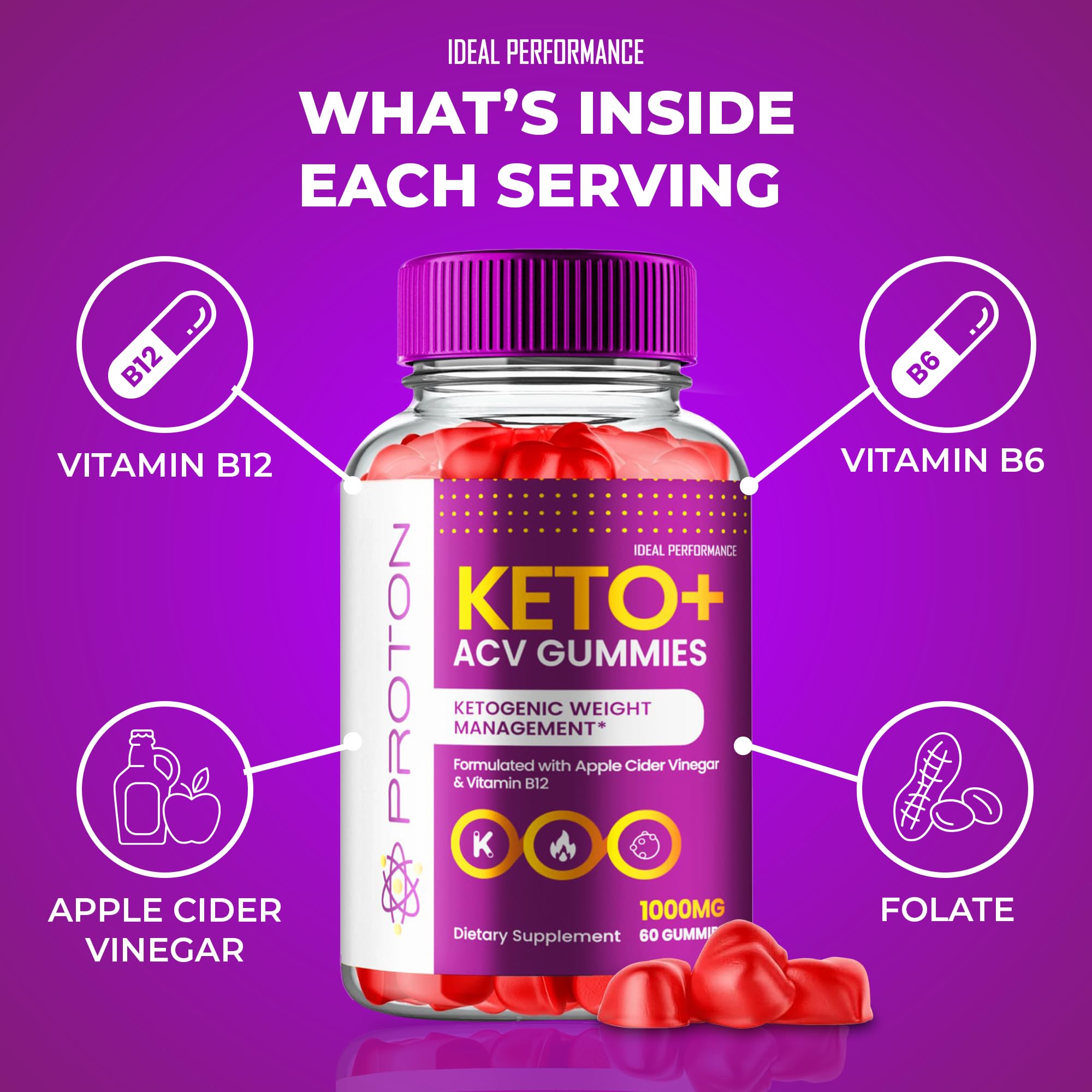 IDEAL PERFORMANCE Proton ACV Gummies label close-up highlights all-natural formula