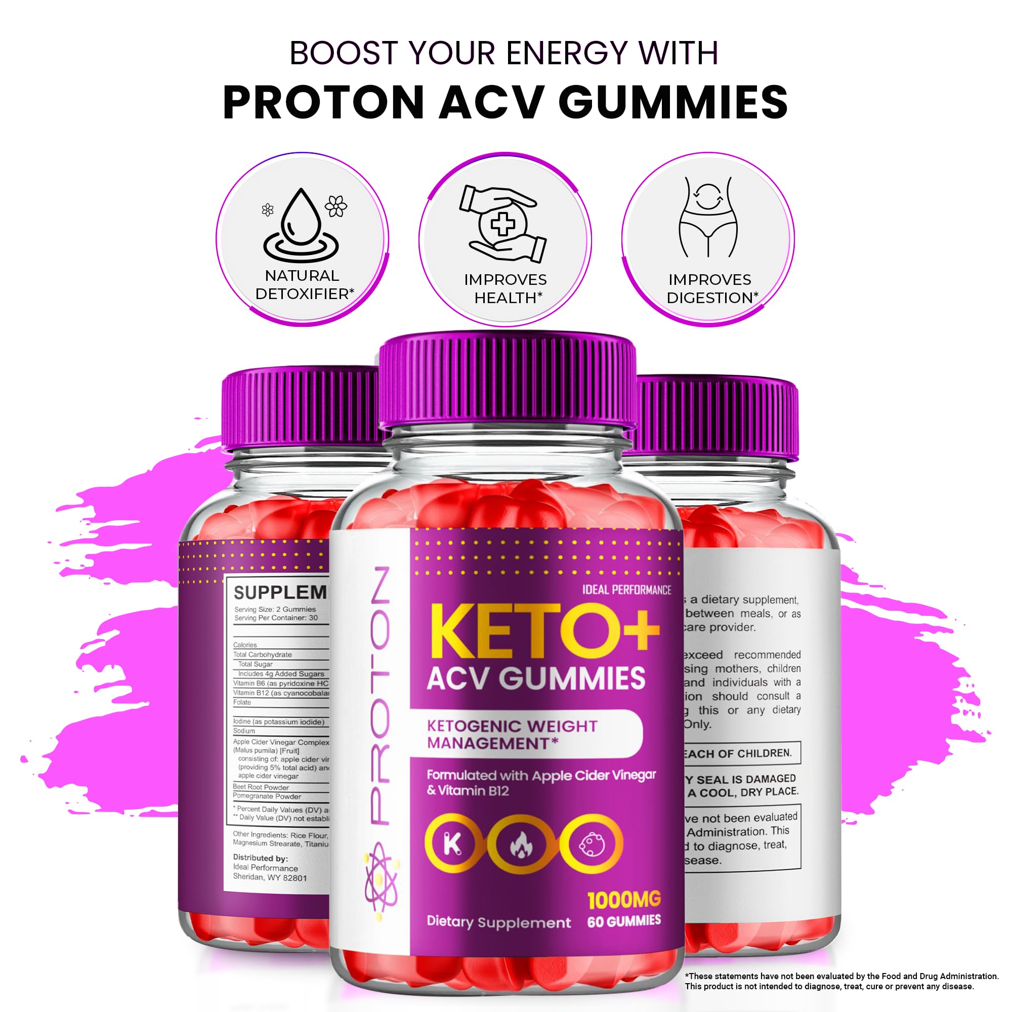 IDEAL PERFORMANCE Proton Keto ACV Gummies 2-pack display aims at shoppers