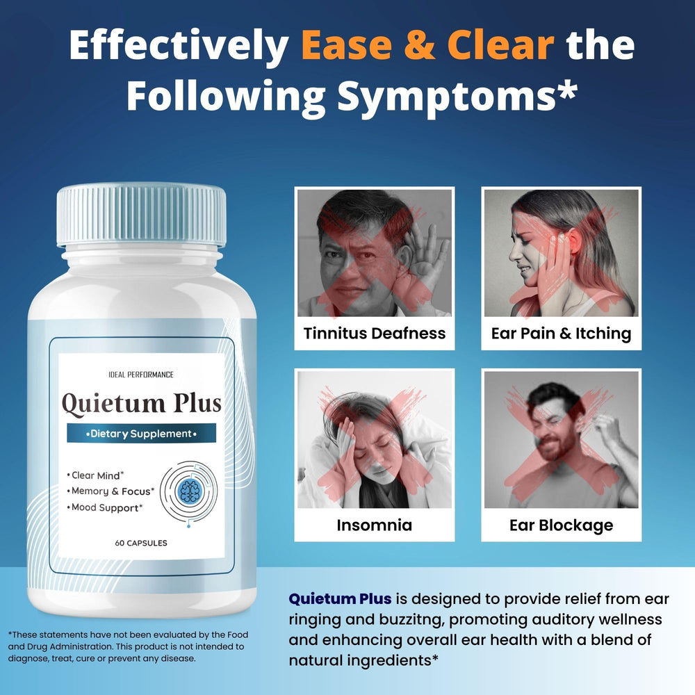 IDEAL PERFORMANCE Quietum Plus bottle-side-label, clear usage tips and ingredient notes.