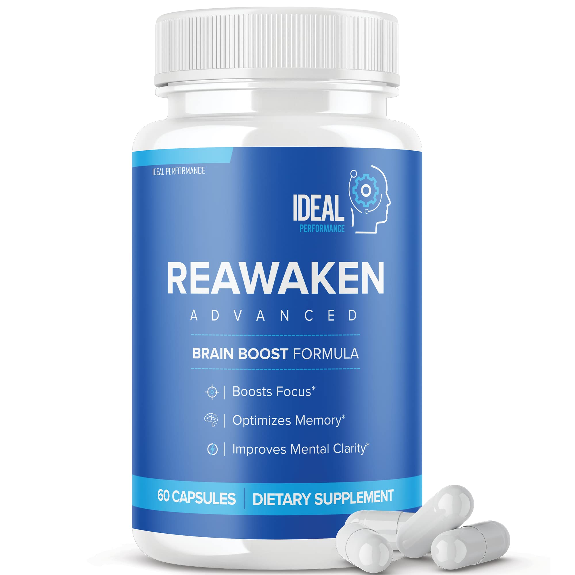 IDEAL PERFORMANCE Reawaken bottle front view emphasizes memory support and daily cognitive focus.