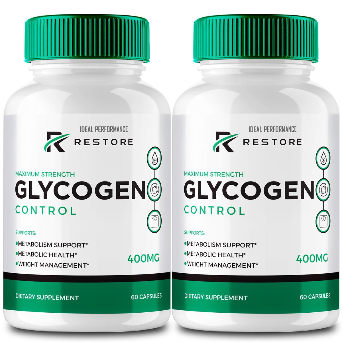 IDEAL PERFORMANCE Restore Glycogen bottle image showing an all-natural formula for daily use
