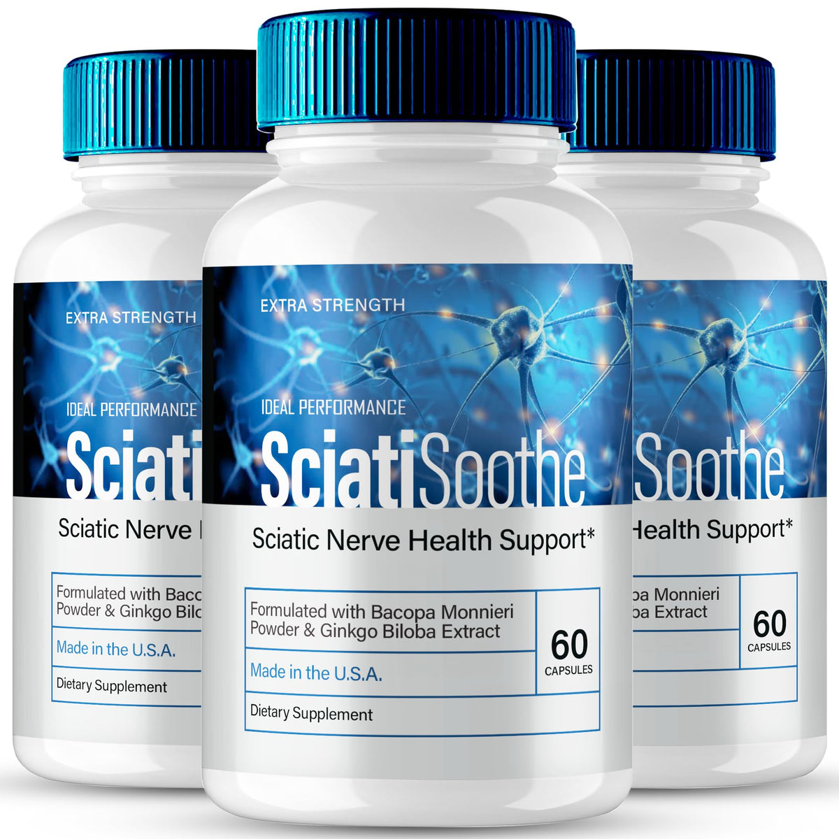 IDEAL PERFORMANCE SciatiSoothe bottle close-up highlighting nerve support formula.