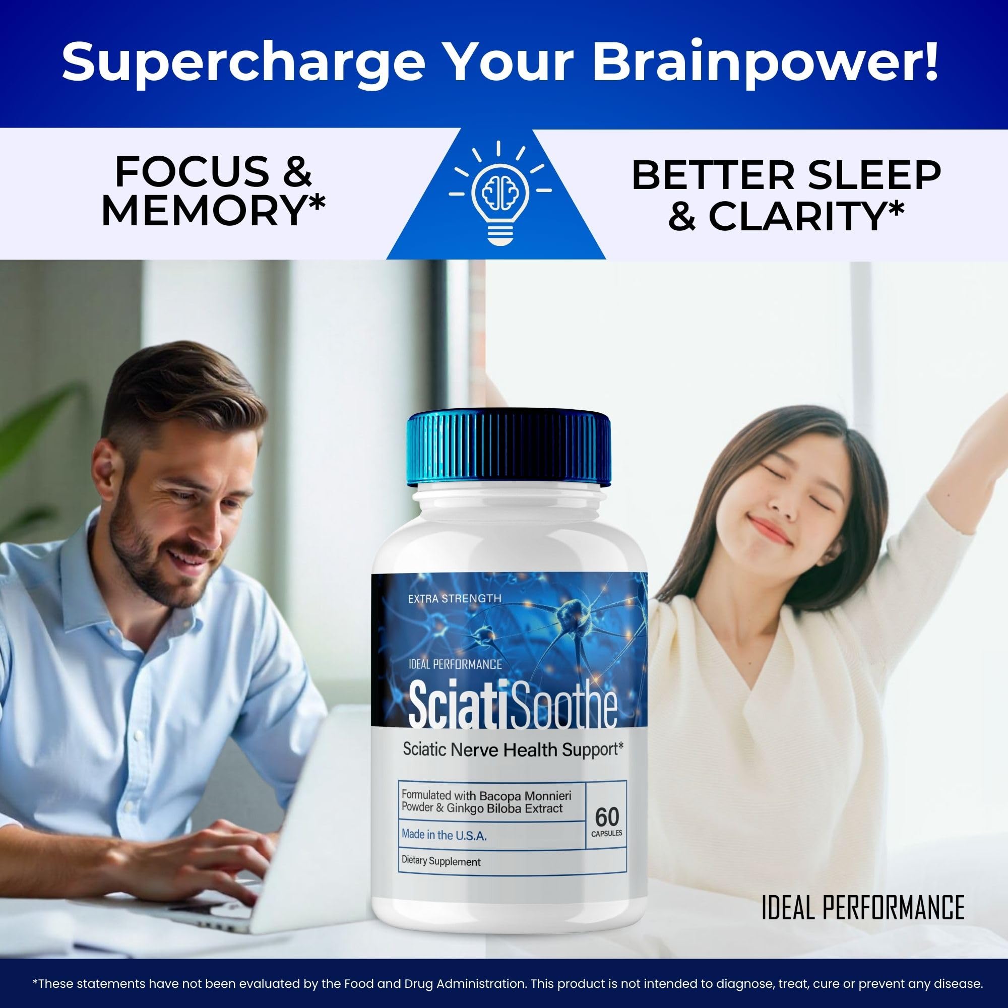 IDEAL PERFORMANCE SciatiSoothe capsules spilling gently from bottle.