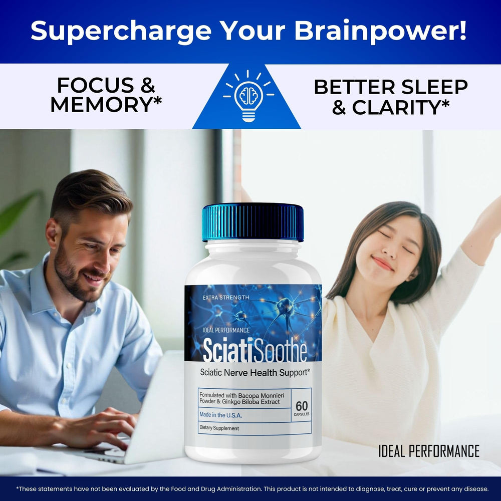 IDEAL PERFORMANCE SciatiSoothe capsules spilling gently from bottle.