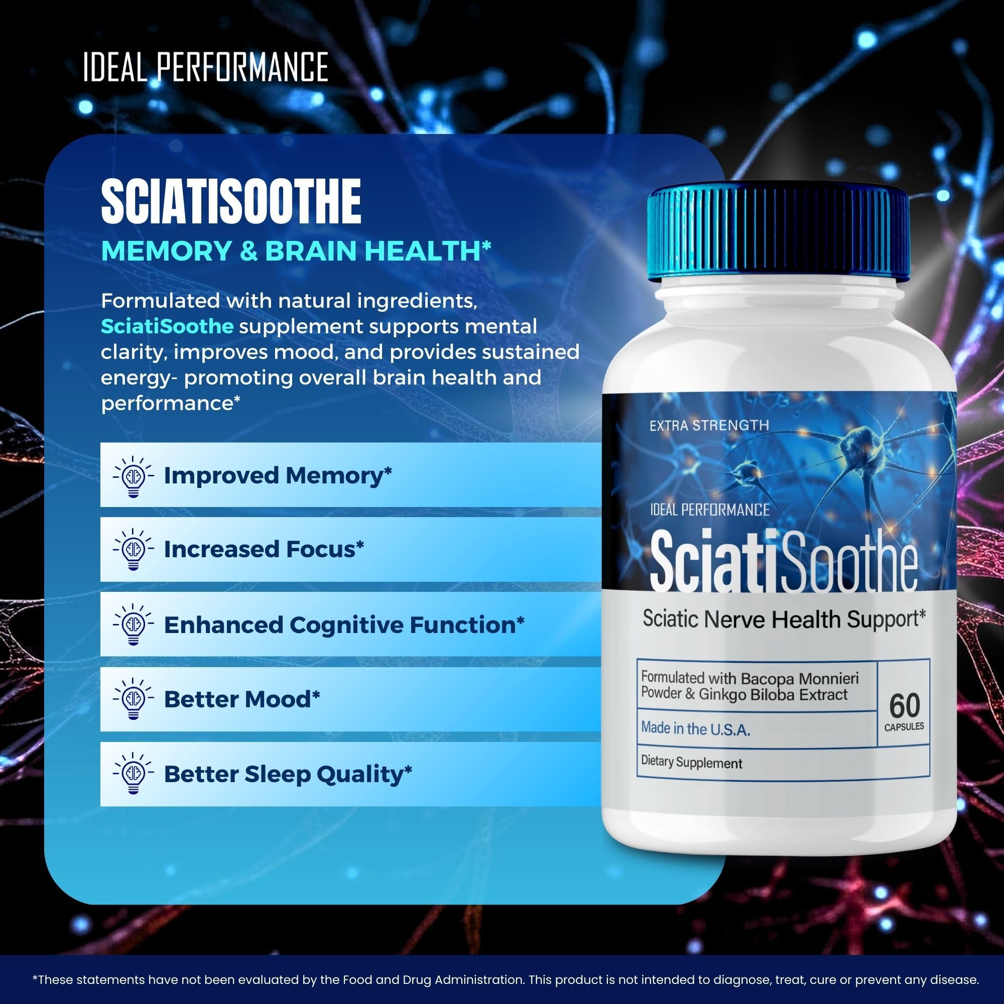 IDEAL PERFORMANCE SciatiSoothe bottle label detail signaling trusted formula.