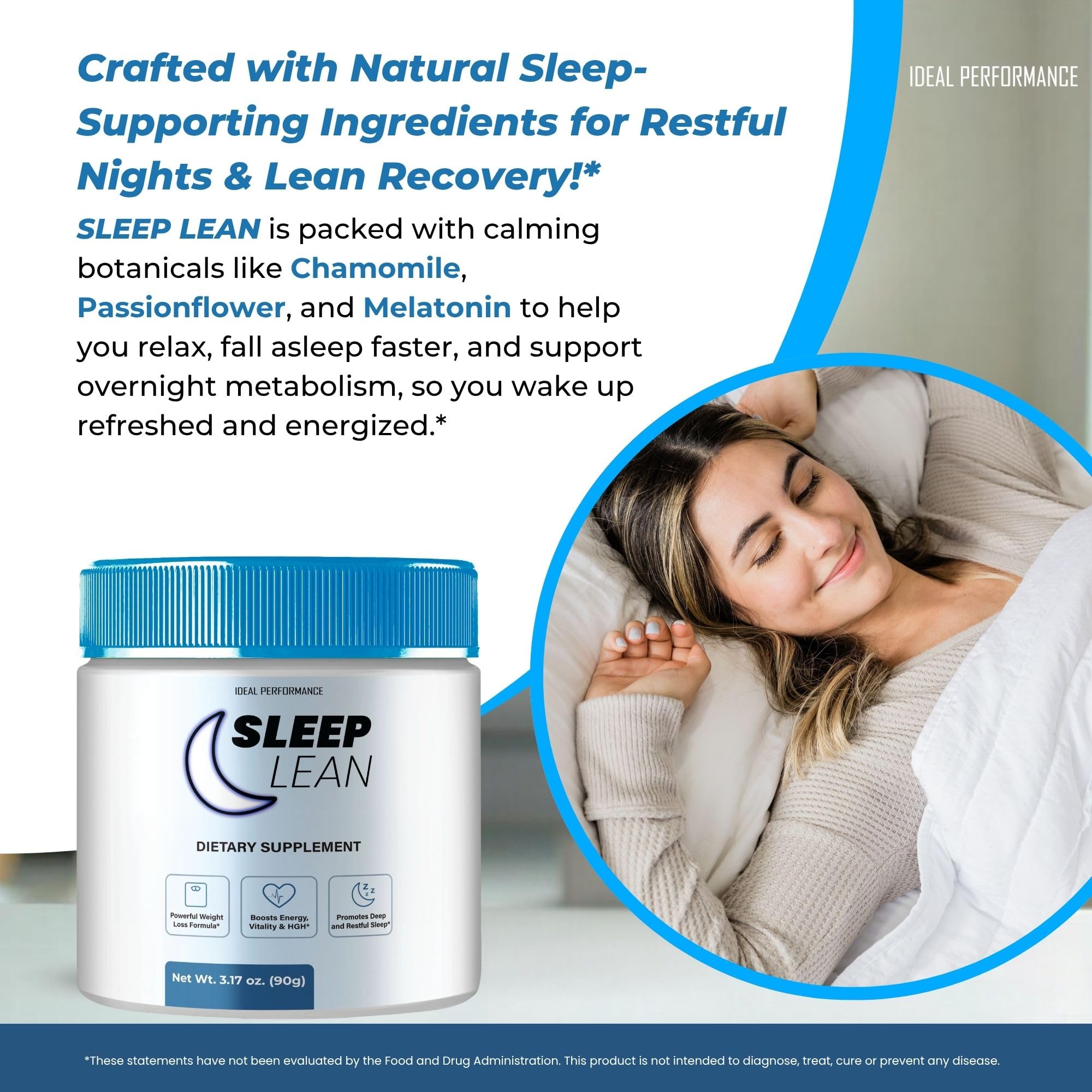 IDEAL PERFORMANCE Sleep Lean Powder natural ingredients closeup suggests clean, plant-based options.