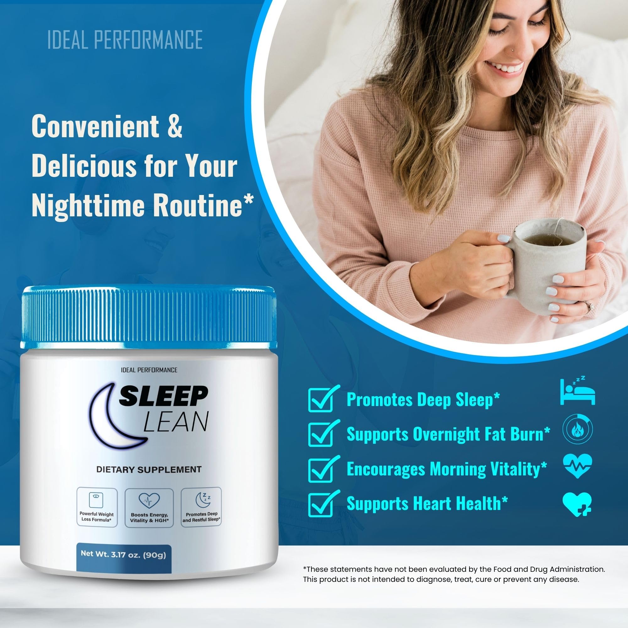 IDEAL PERFORMANCE Sleep Lean Powder on a shelf conveys a ready-to-use wellness option.