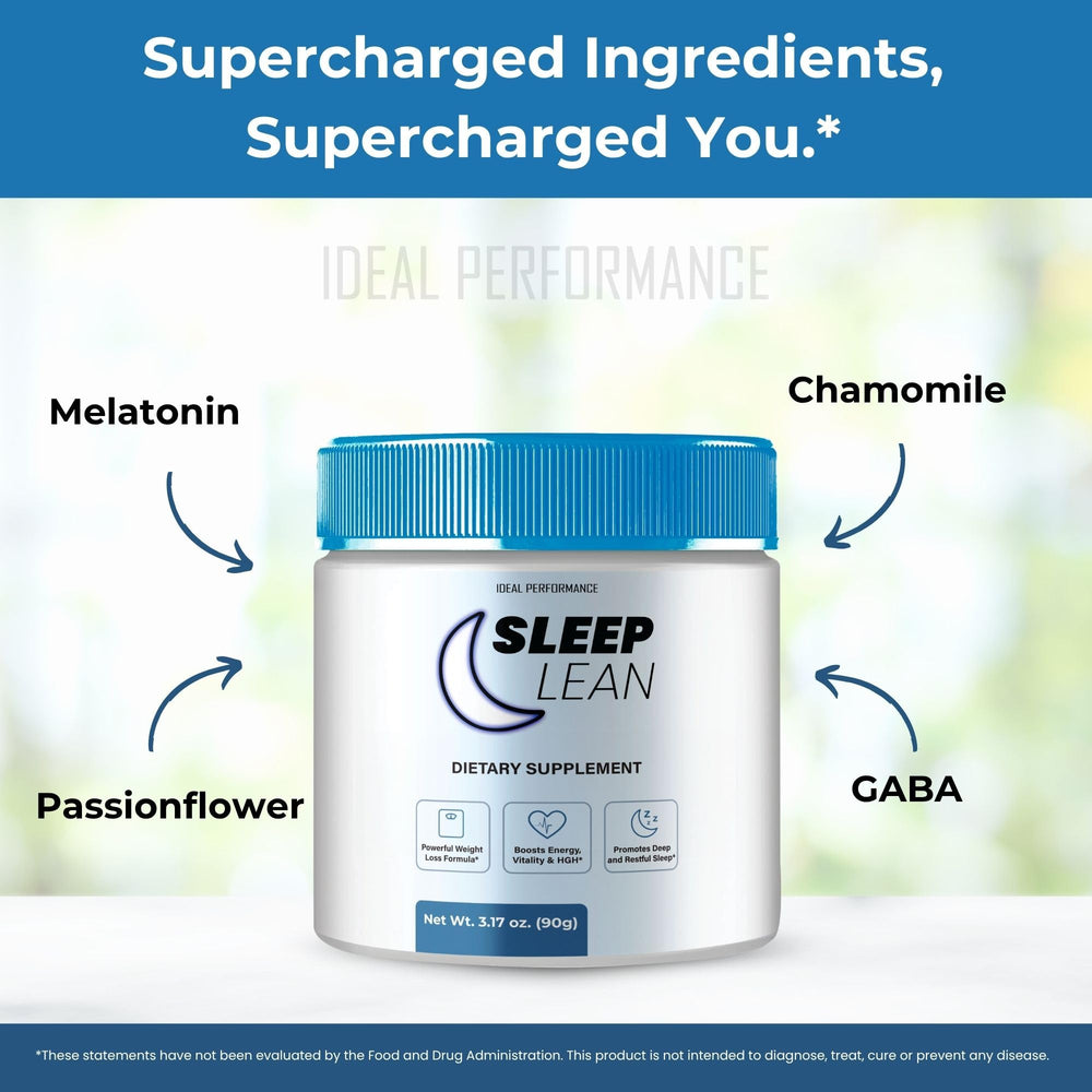 IDEAL PERFORMANCE Sleep Lean Powder shown in a calm routine setup with lighting.