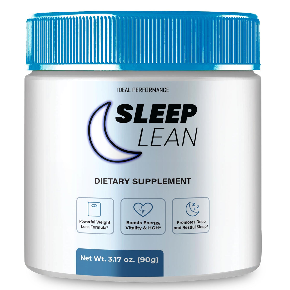 IDEAL PERFORMANCE Sleep Lean Powder tub showing all-natural formula for a calm evening.