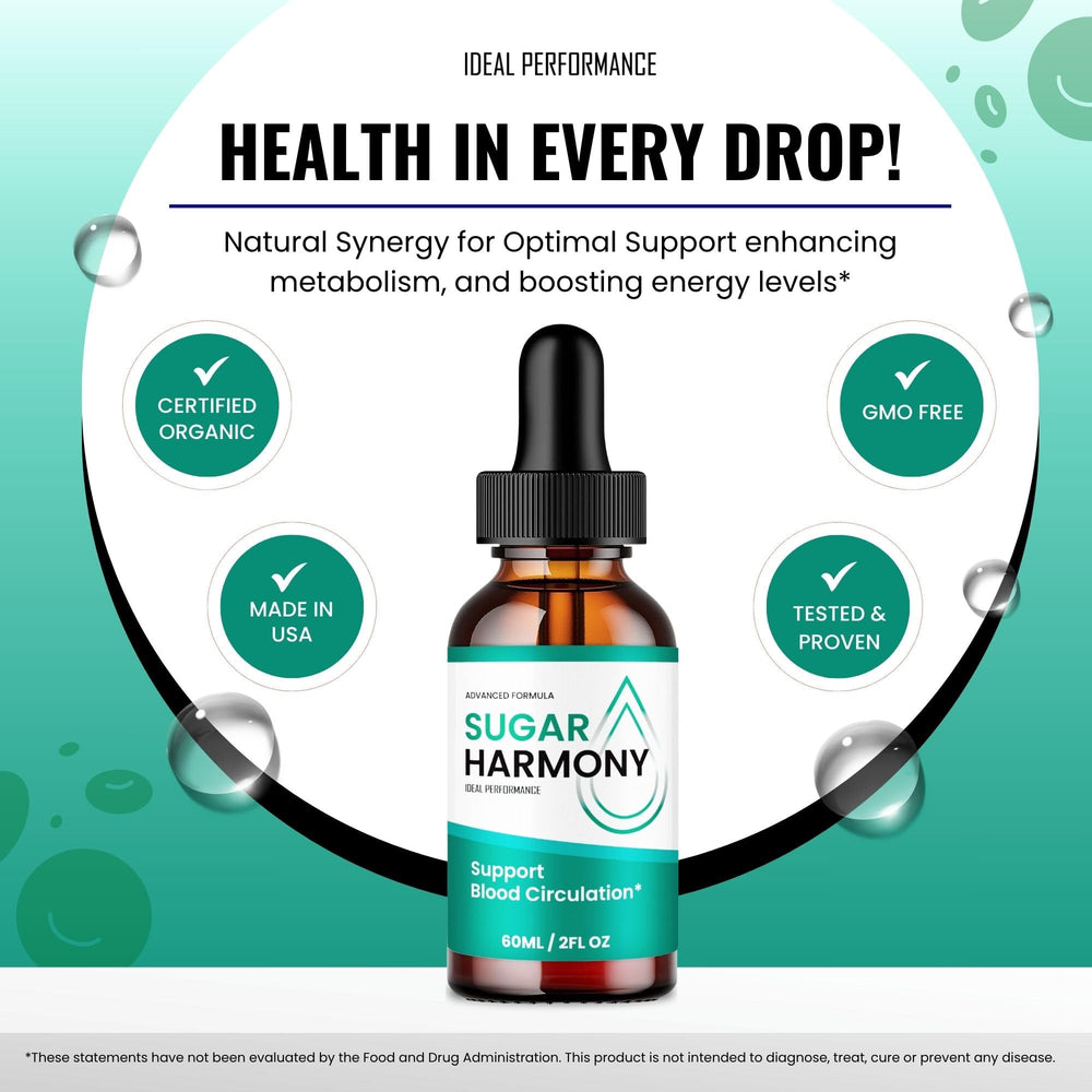 Ideal Performance Sugar Harmony Drops in glass showcases a clean, ready-to-use routine.