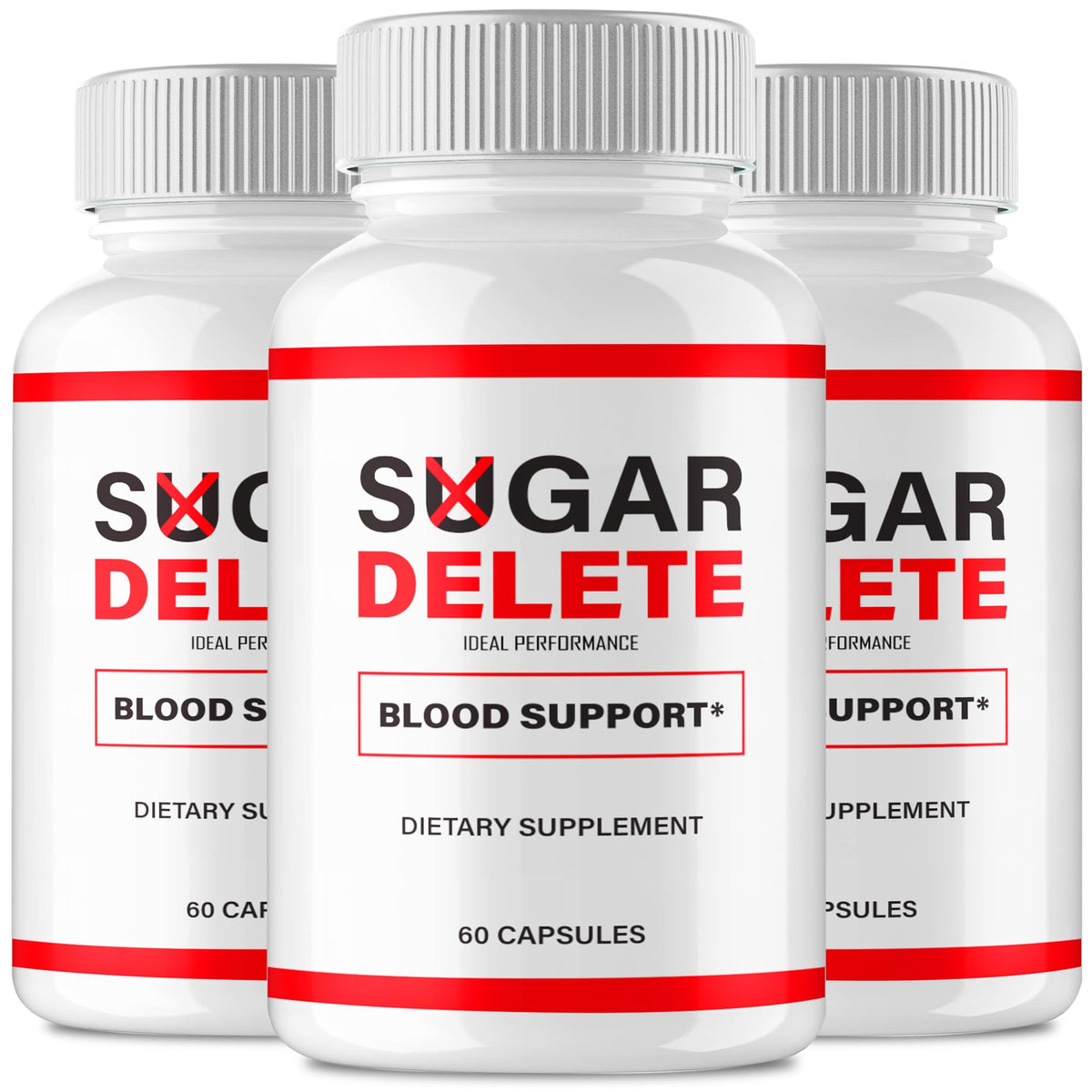 IDEAL PERFORMANCE Sugar Delete bottle close-up highlighting natural capsules for daily wellness.