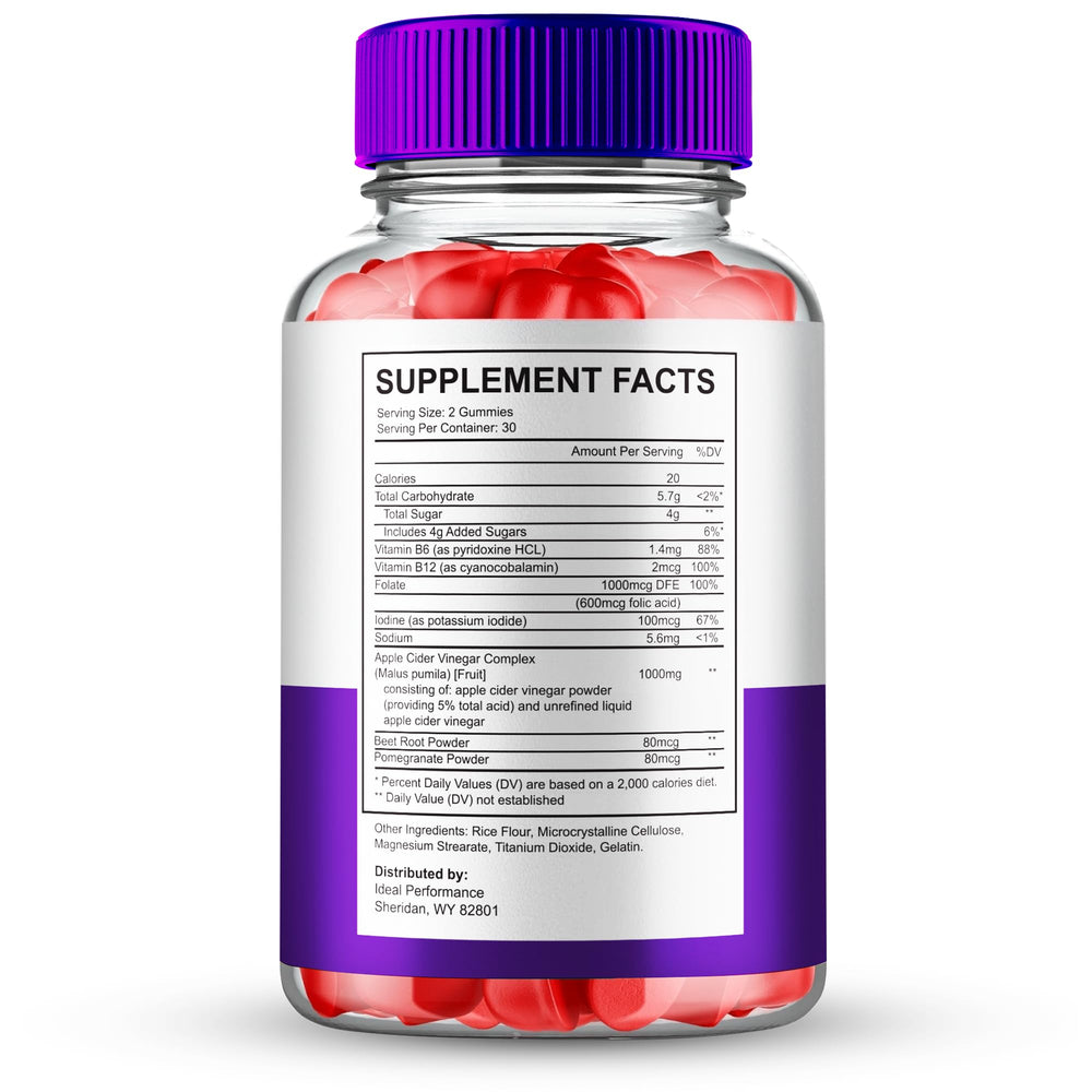IDEAL PERFORMANCE Ultra Quick Keto ACV Gummies bottle close-up shows easy-to-take gummies.