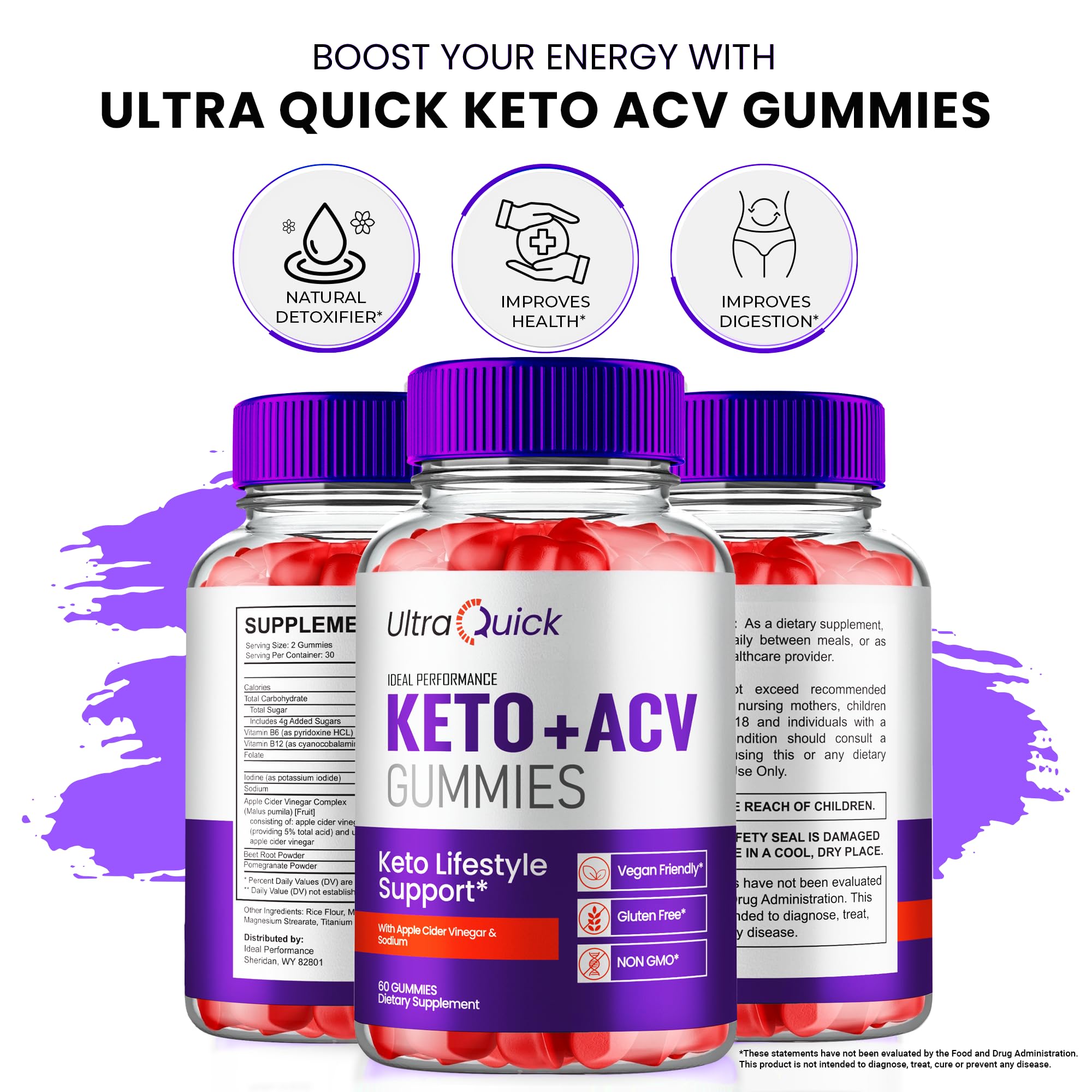 IDEAL PERFORMANCE Ultra Quick Keto ACV Gummies brand logo on packaging.