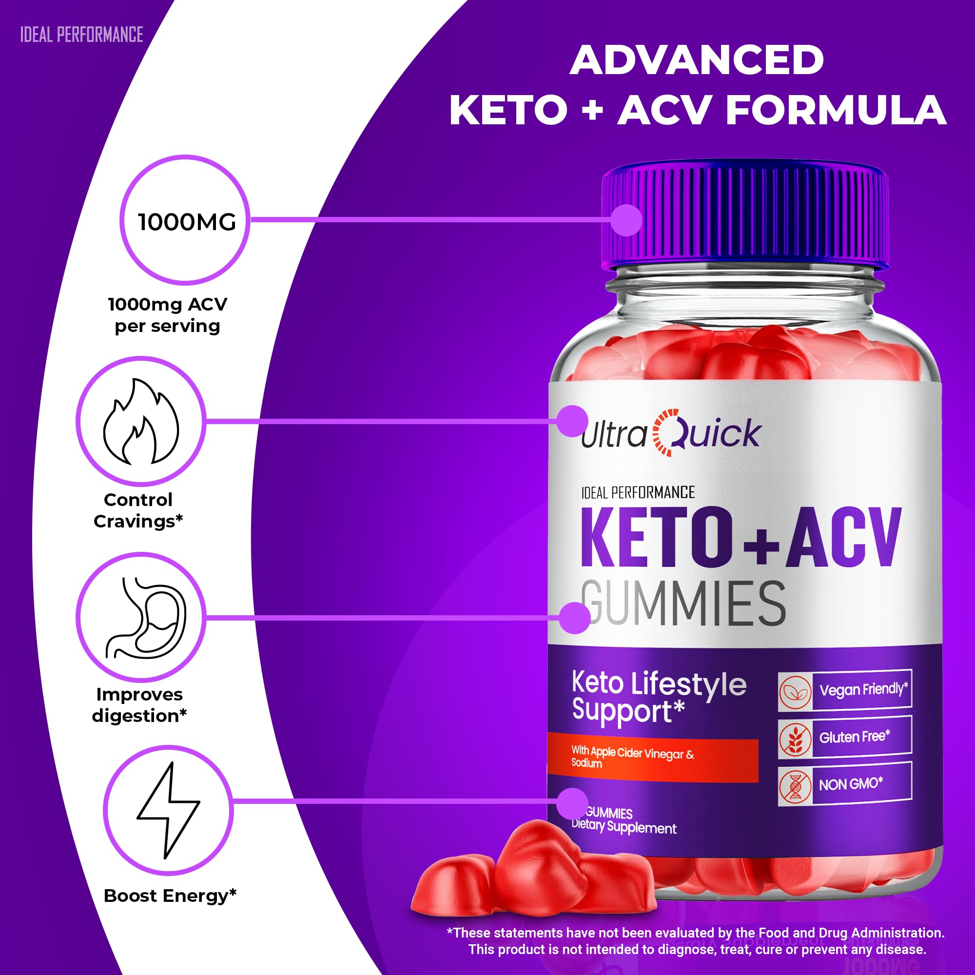 IDEAL PERFORMANCE Ultra Quick Keto ACV Gummies gummies close-up with a golden hue.