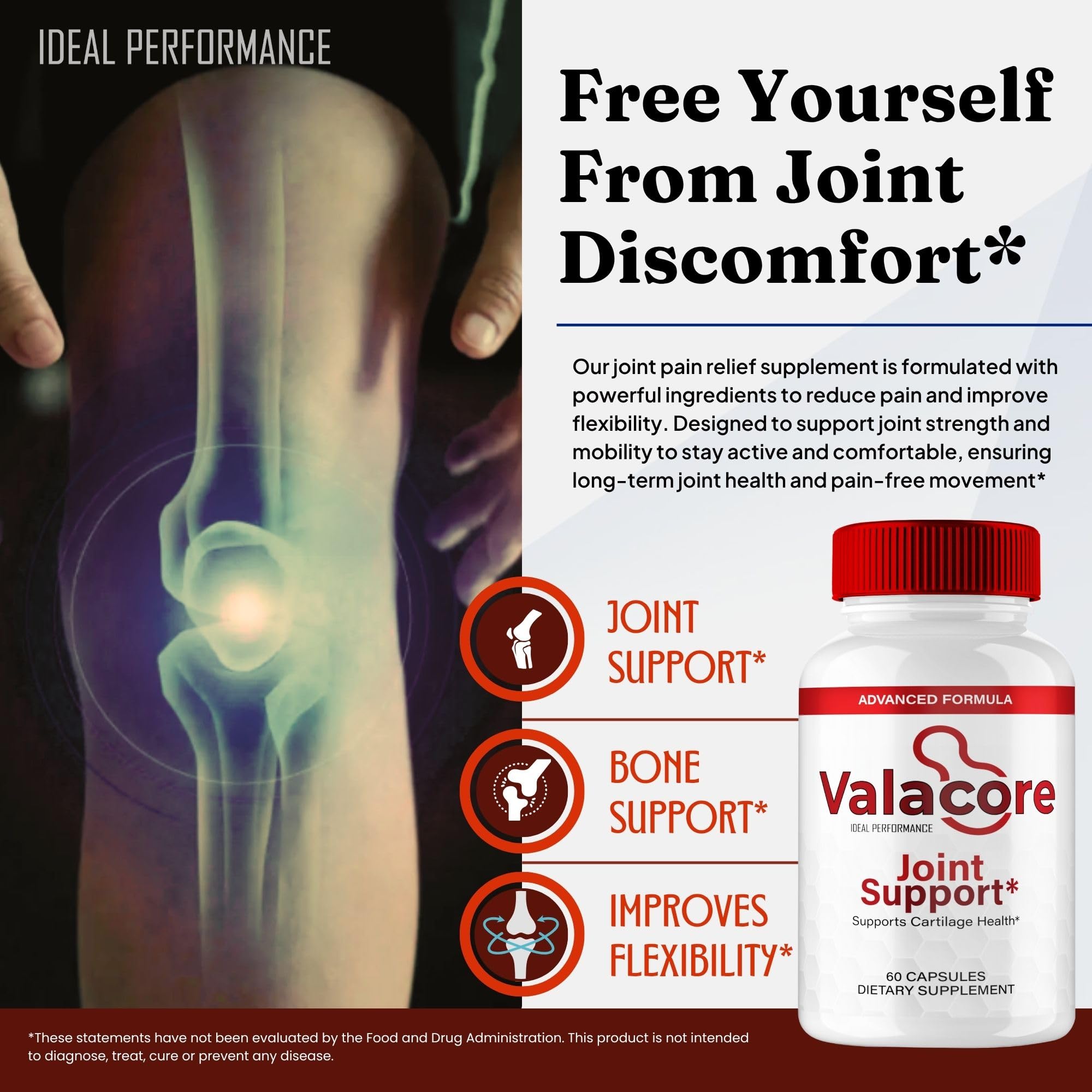 IDEAL PERFORMANCE Valacore Pills packaging box with premium design for bone and mobility support