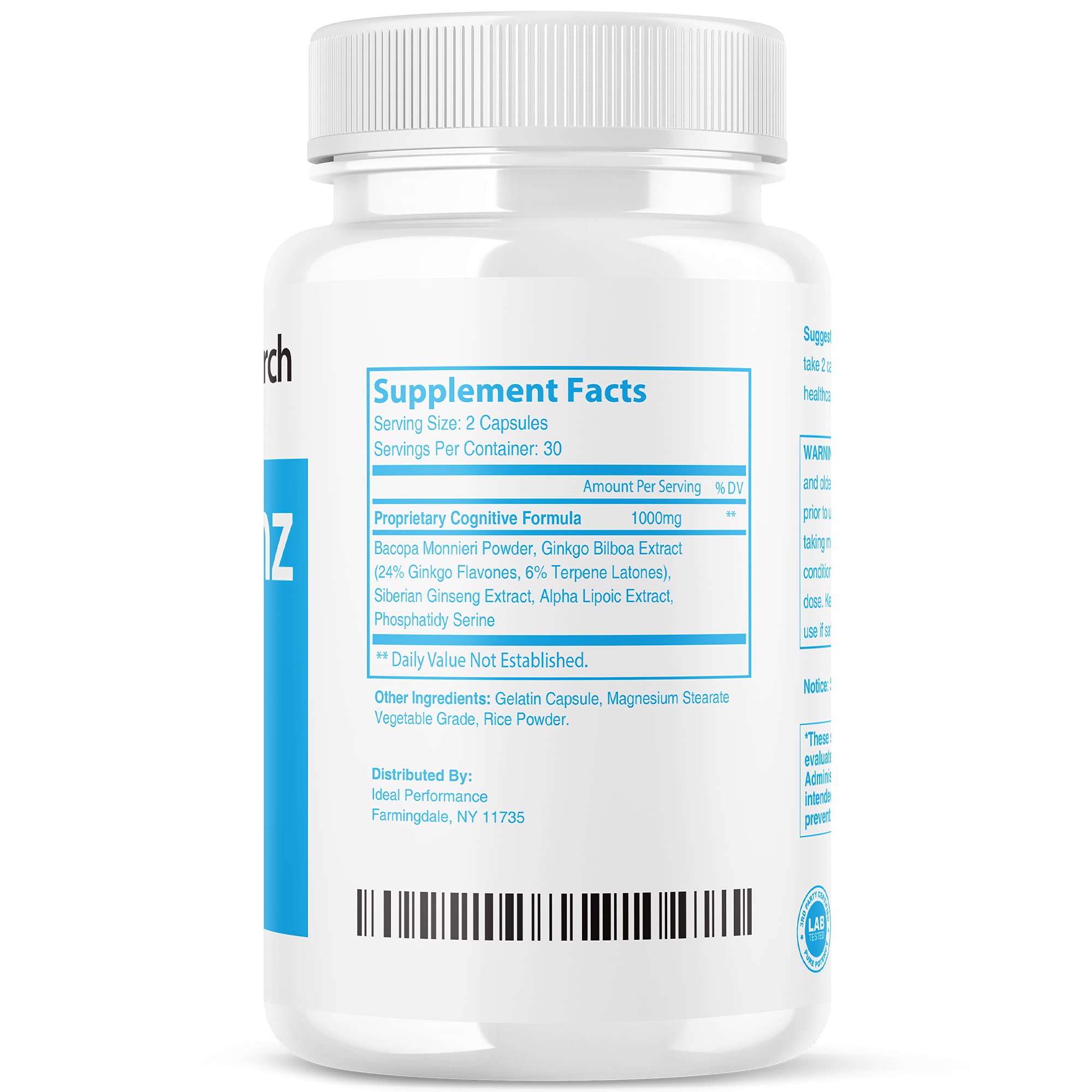 IDEAL PERFORMANCE Vigor Smart Brain Booster box back, listing 300 capsules for extended use.