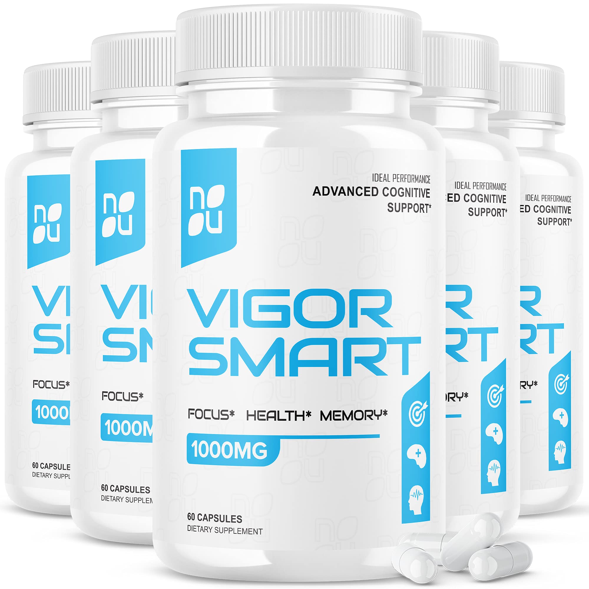IDEAL PERFORMANCE Vigor Smart Brain Booster pills bottle front, promoting focus and daily cognitive support.