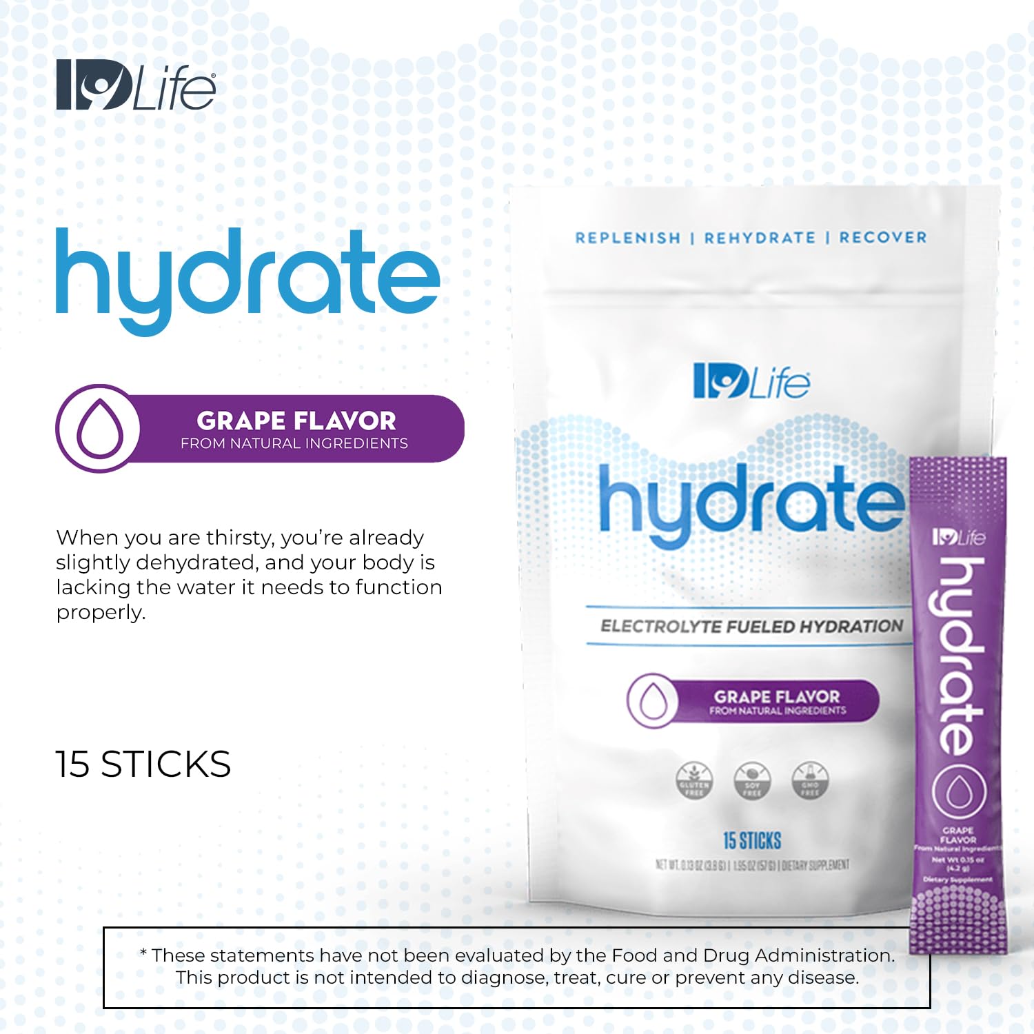 IDLife Grape Hydrate dissolving in glass, refreshing flavor with vitamins.
