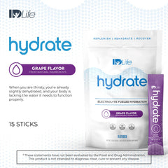 IDLife Grape Hydrate dissolving in glass, refreshing flavor with vitamins.
