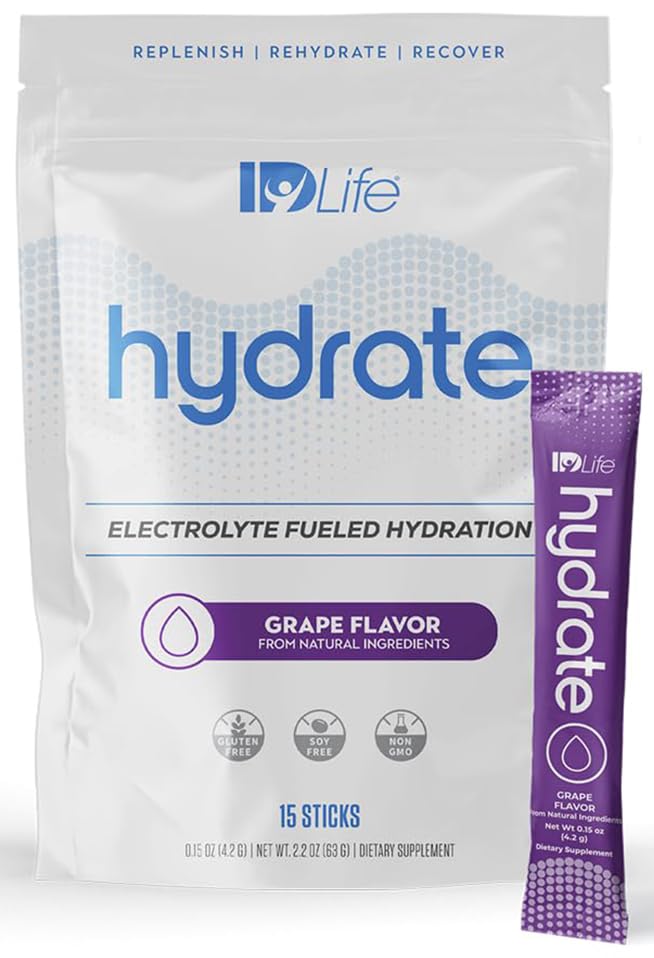 IDLife Grape Hydrate powder tub shown, quick-dissolving hydration for daily workouts.