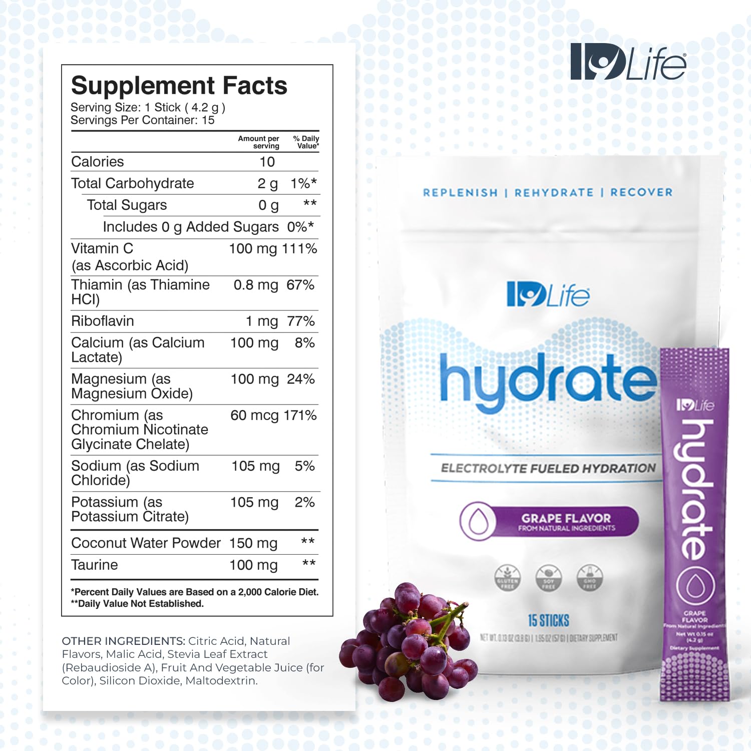 IDLife Grape Hydrate stick sachet, convenient on-the-go electrolyte boost.