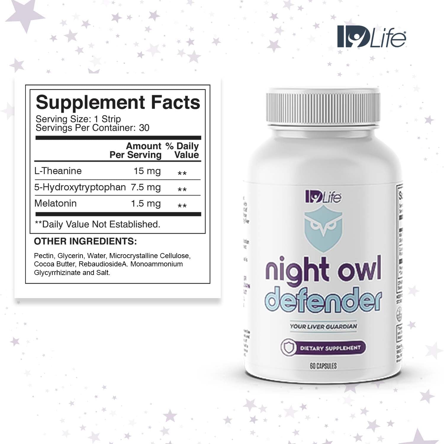 IDLife Night Owl Defender capsules closeup highlighting simple nightly dosing.