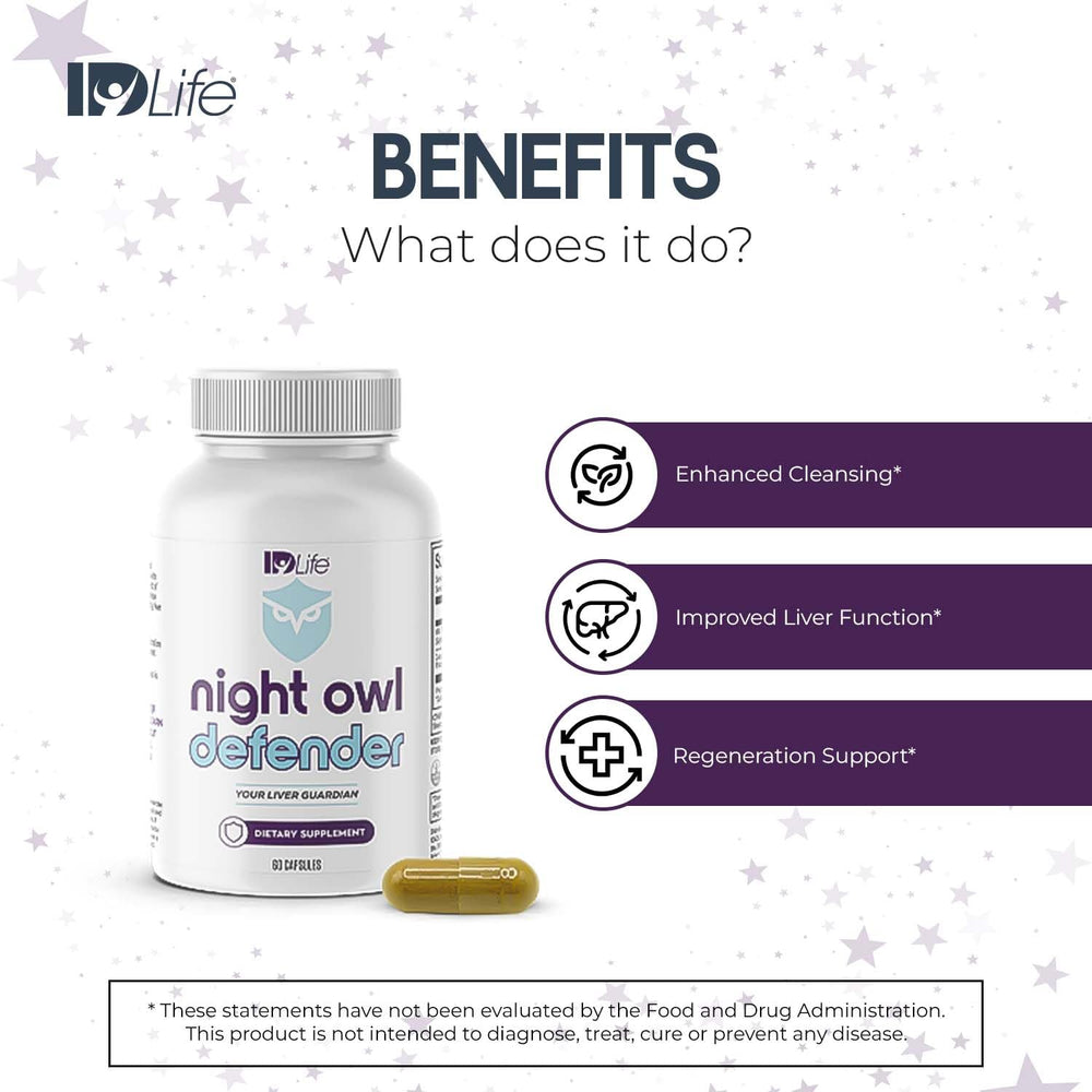 IDLife Night Owl Defender milk thistle illustration signals daily liver defense.