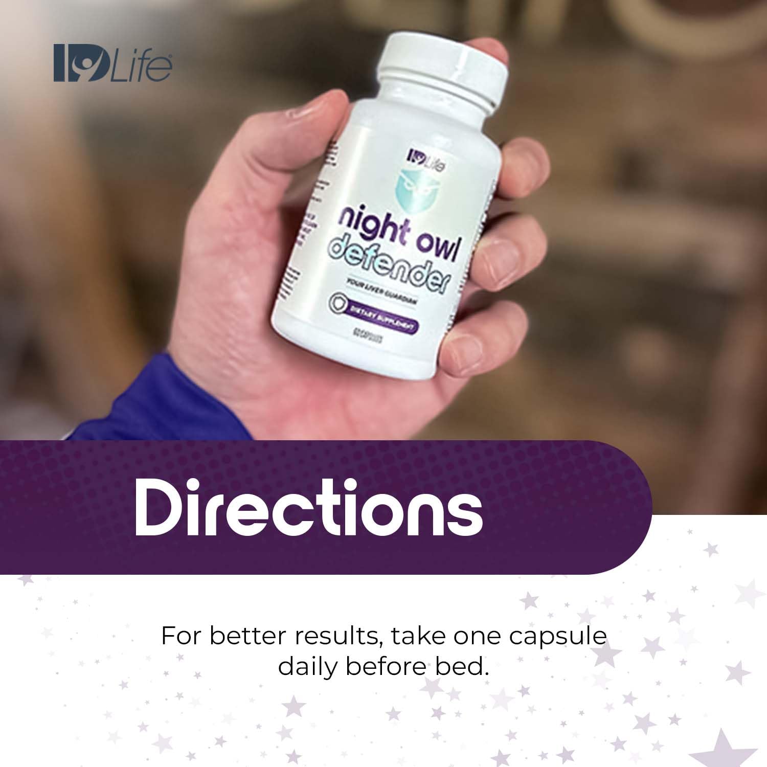 IDLife Night Owl Defender nighttime scene reinforces a calm, balanced routine.