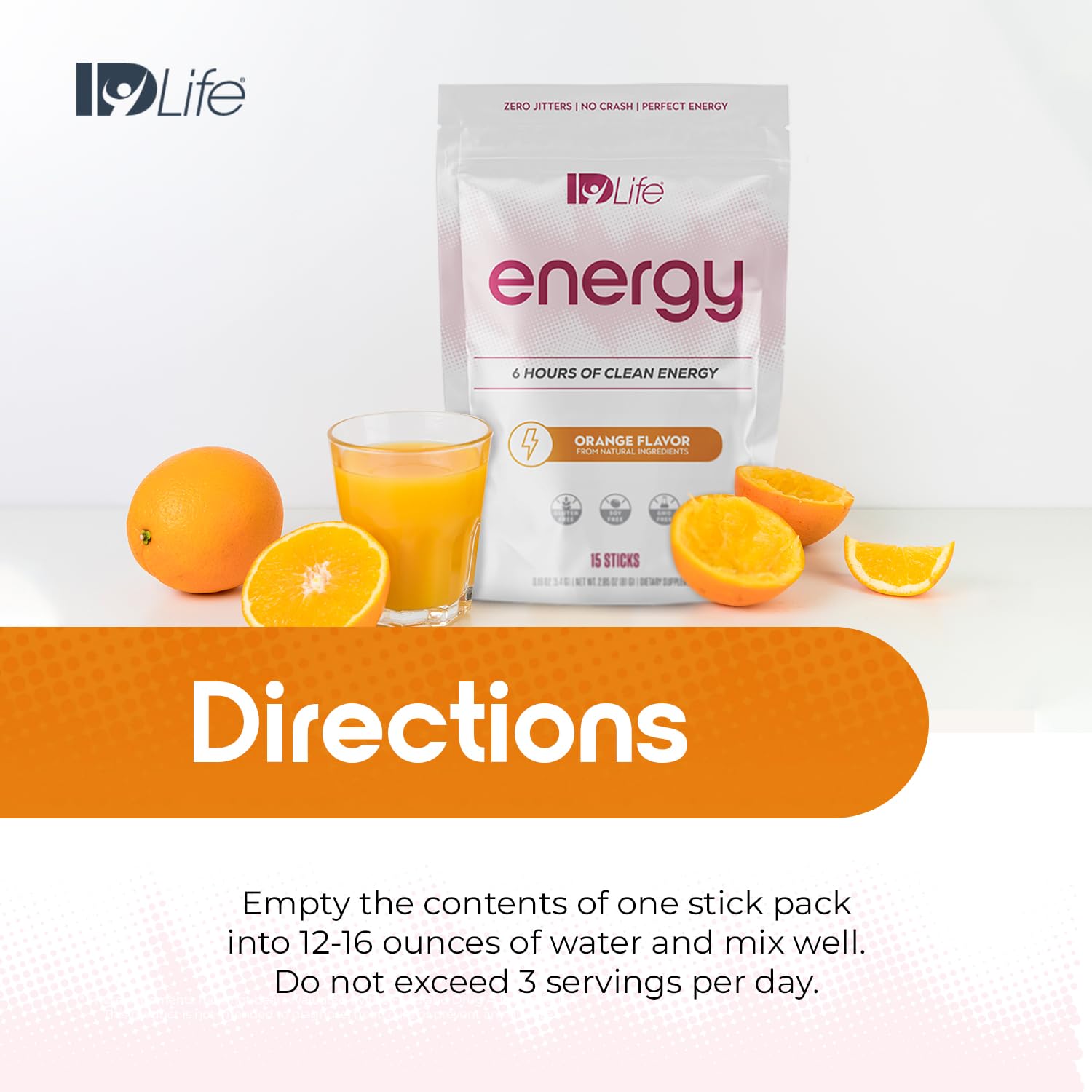 IDLife Orange energy drink powder label emphasizing 15 sticks per bag.