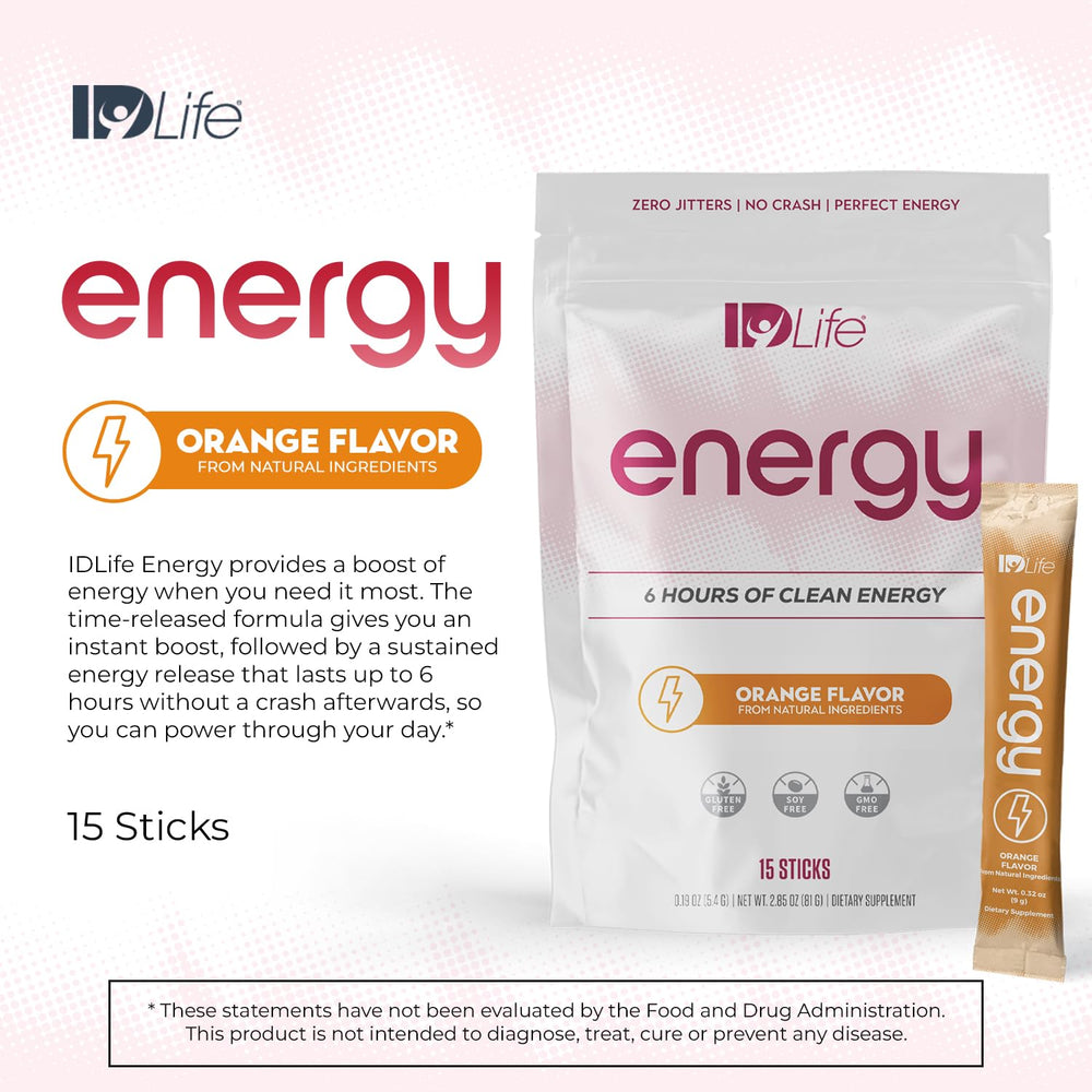 Glass of IDLife Orange powder mixed in water with citrus aroma.