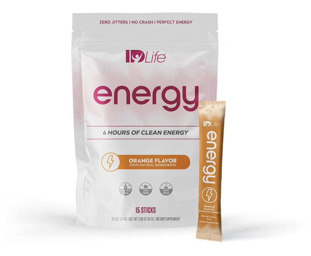 IDLife Orange energy drink powder serving packet for on-the-go focus.