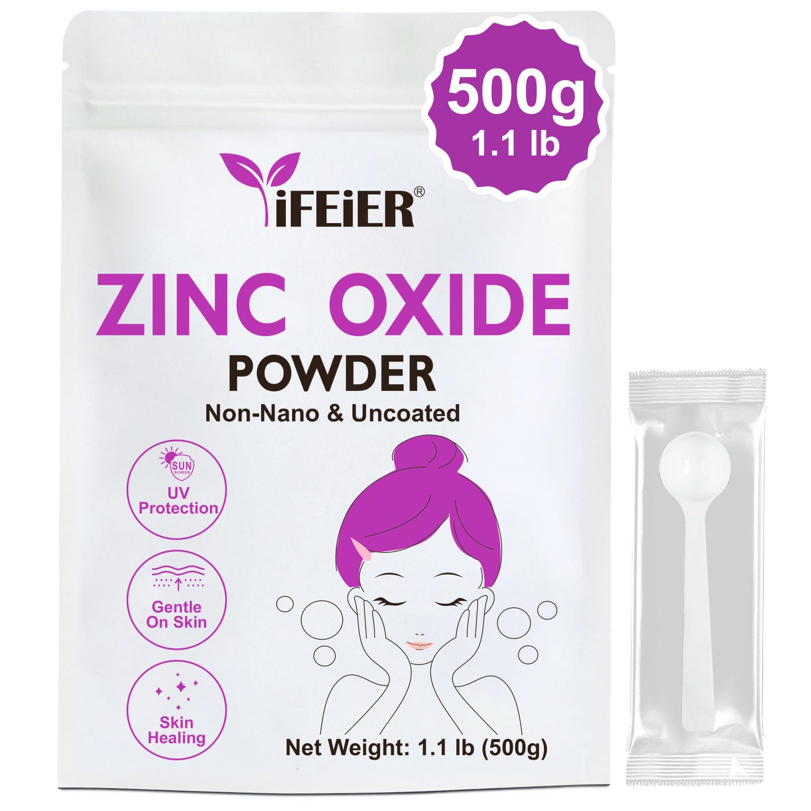 iFEiER Zinc Oxide Powder, cosmetic-grade, fine texture for DIY skincare formulations.