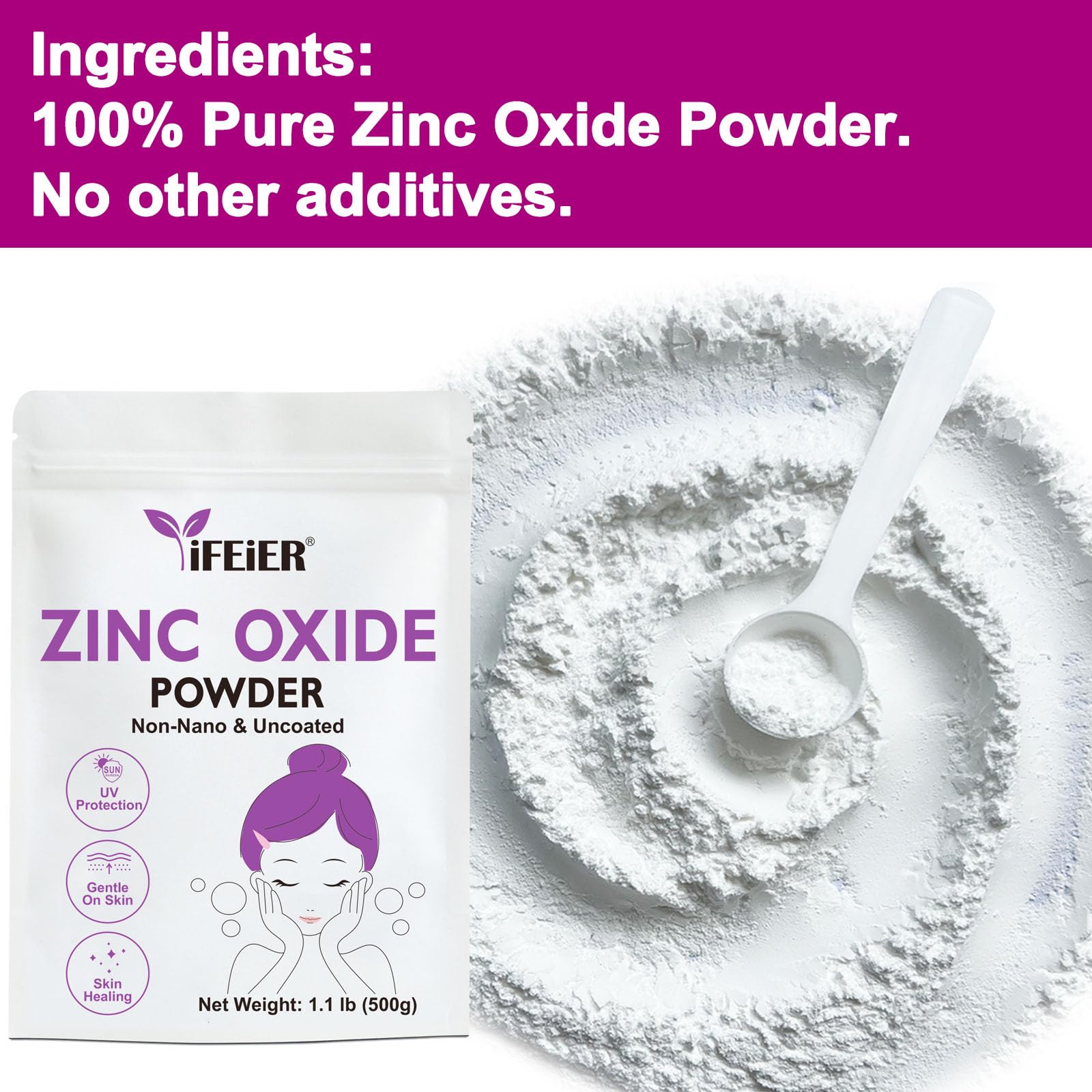 iFEiER Zinc Oxide Powder non-nano, ideal for surface protection in cosmetics.
