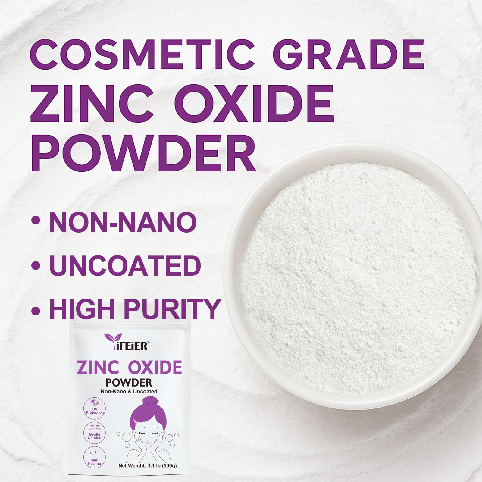 iFEiER Zinc Oxide Powder uncoated, gentle on skin for sensitive formula blends.