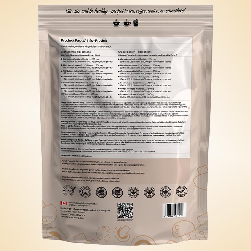 iFungi Life Force 7 scoop showing a 1 g serving for steady energy and clarity.