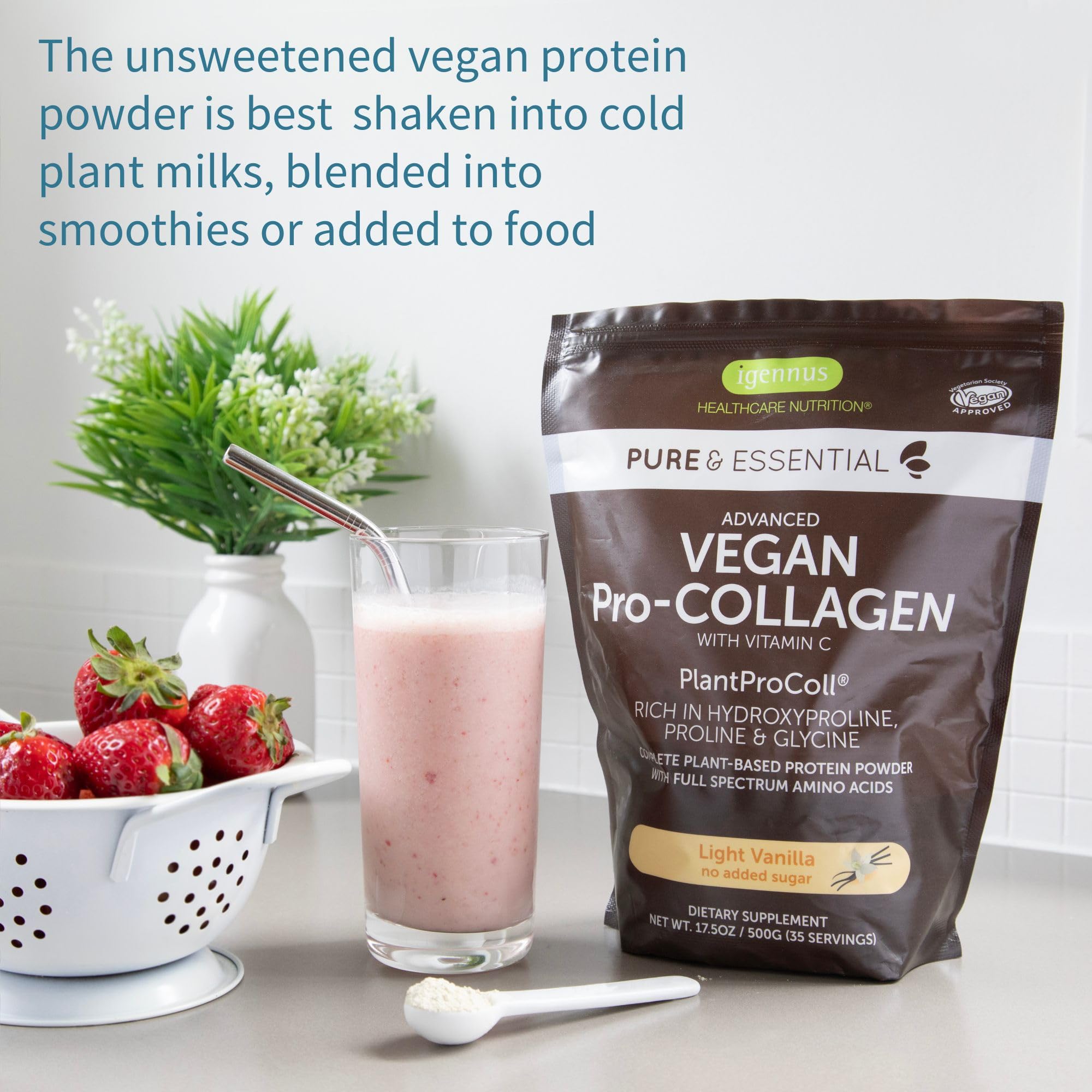 21 amino acids graphic indicates comprehensive vegan protein profile.