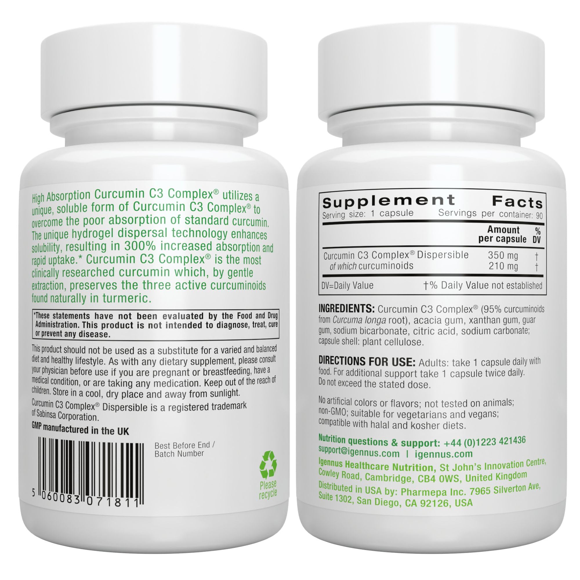 Igennus Advanced Curcumin C3 Complex ingredients panel lists three active curcuminoids