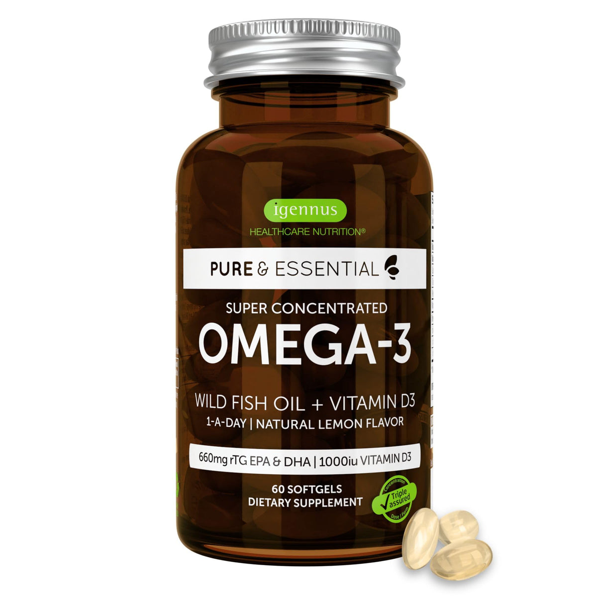 Igennus Advanced rTG Omega-3 bottle shown for daily high‑absorption omega-3 use