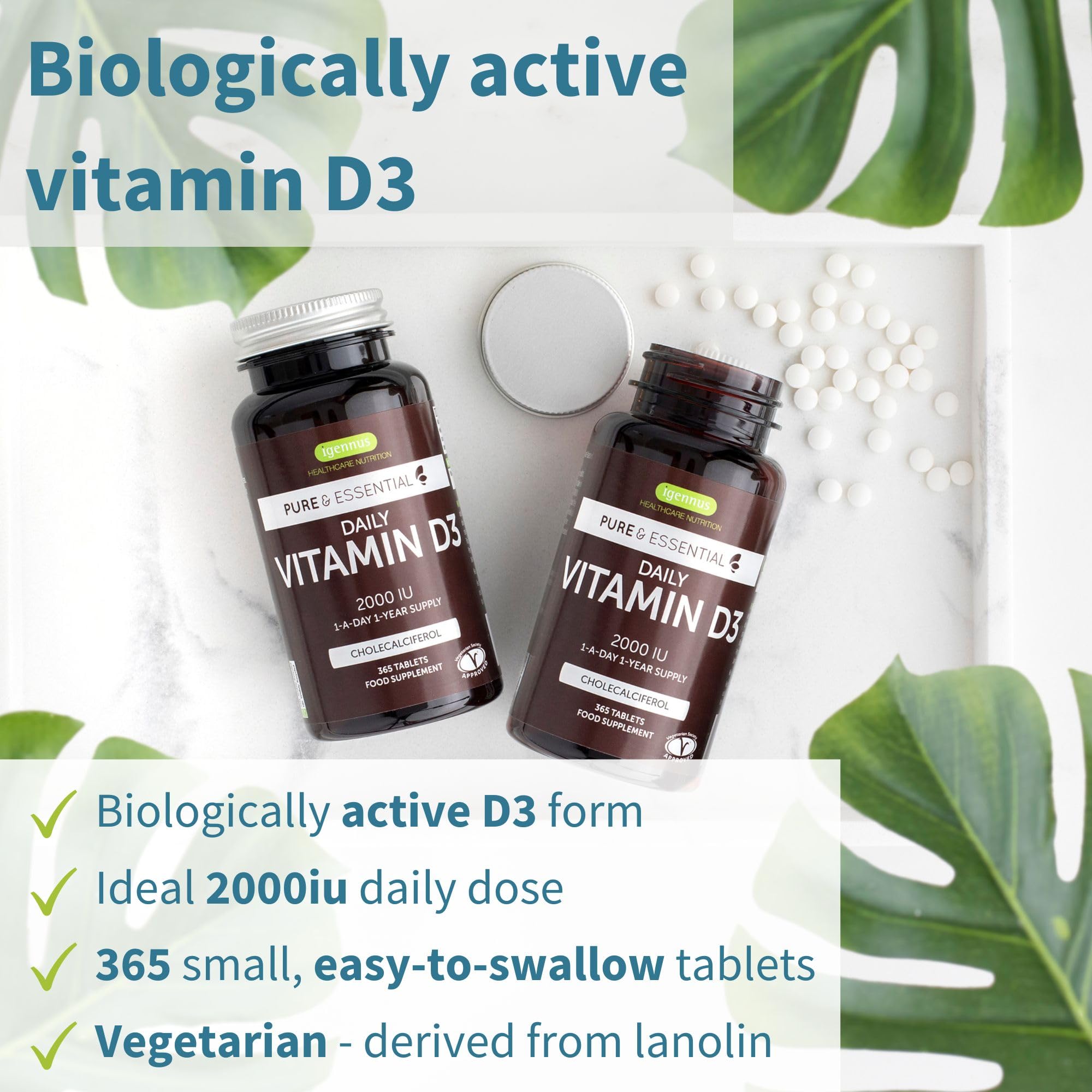 Igennus Daily Vitamin D3 bottle front highlights 365-day supply for year-round support
