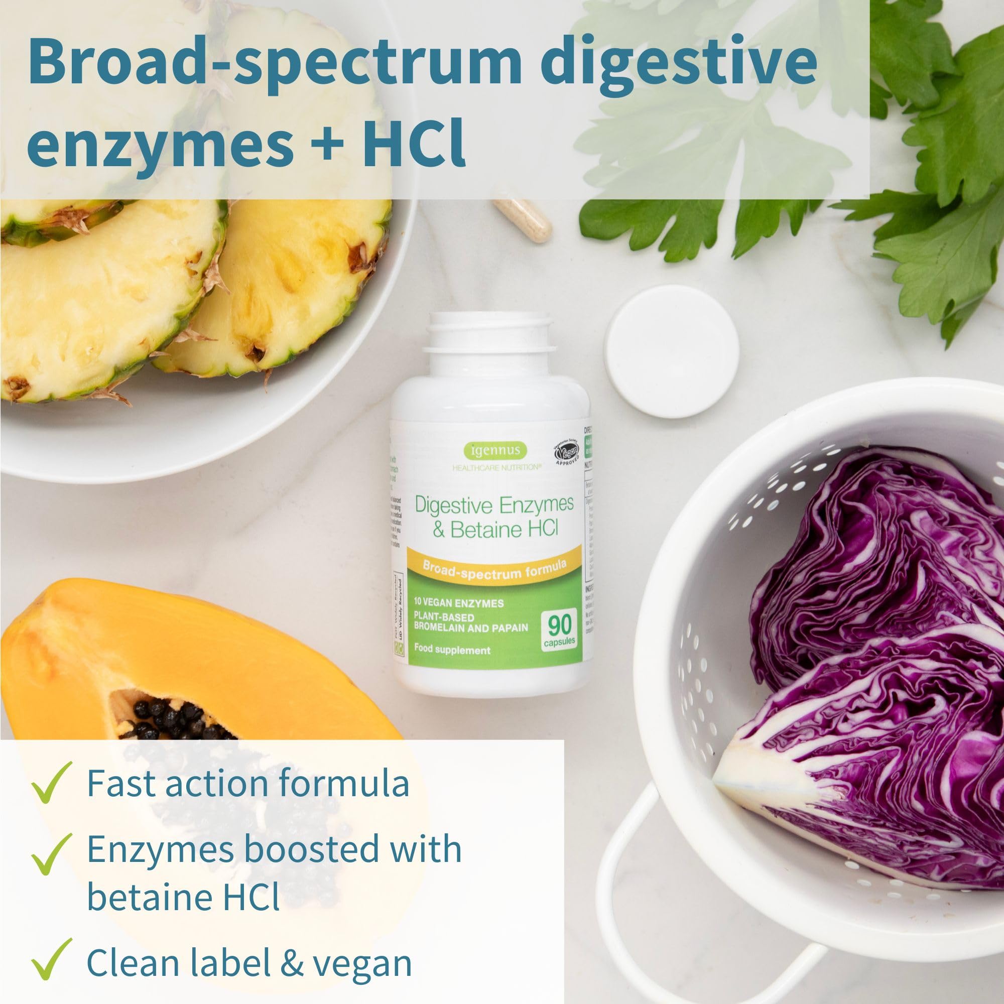 Igennus Fast Action Digestive Capsules closeup showing quick-dissolve capsules