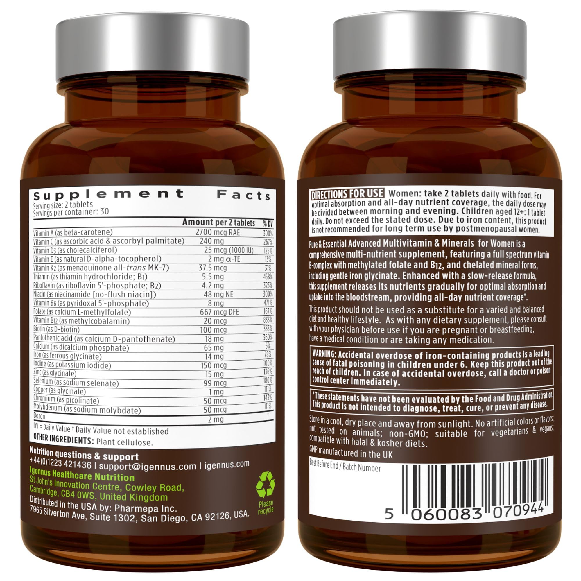Igennus High Potency Methylated Multivitamin for Women ingredients list reflects clean hypoallergenic formula.