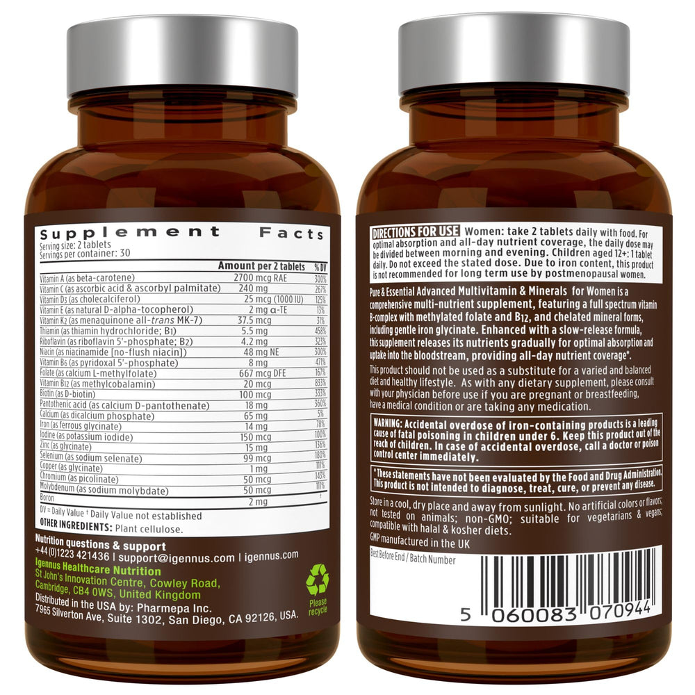 Igennus High Potency Methylated Multivitamin for Women ingredients list reflects clean hypoallergenic formula.