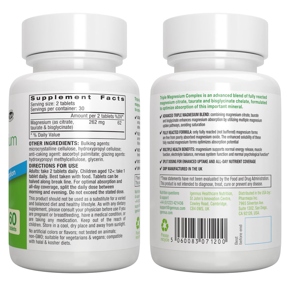 Igennus magnesium triple dose chart on packaging for easy reference.