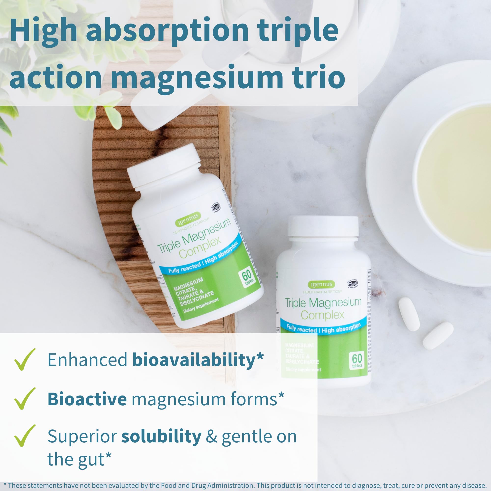 Igennus Magnesium triple tablets close-up showing chelated forms.