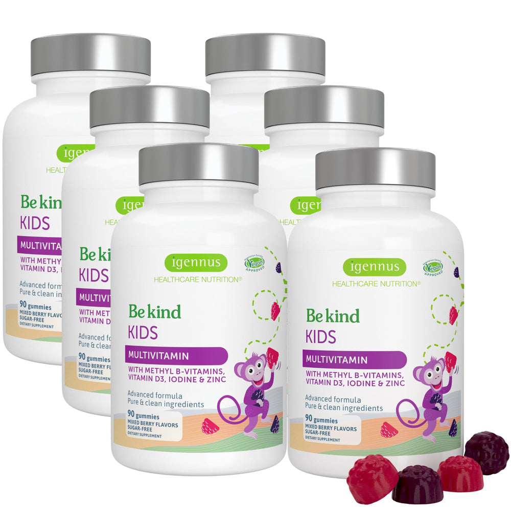 Igennus Methylated Kids Gummies bottle front view, clean label, berry flavor, supports daily nutrients.