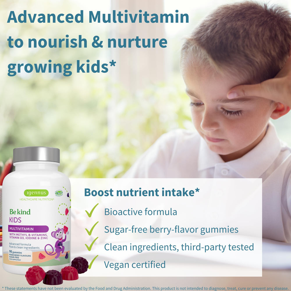Igennus Methylated Kids Gummies shown with nutrition panel, highlighting nutrients for growth and focus.