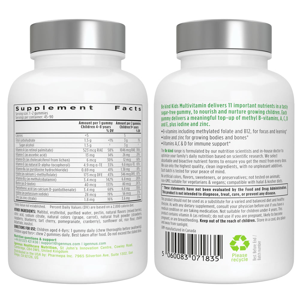 Igennus dosage guidance shows 1 gummy daily for ages 4-8, 2 for older.